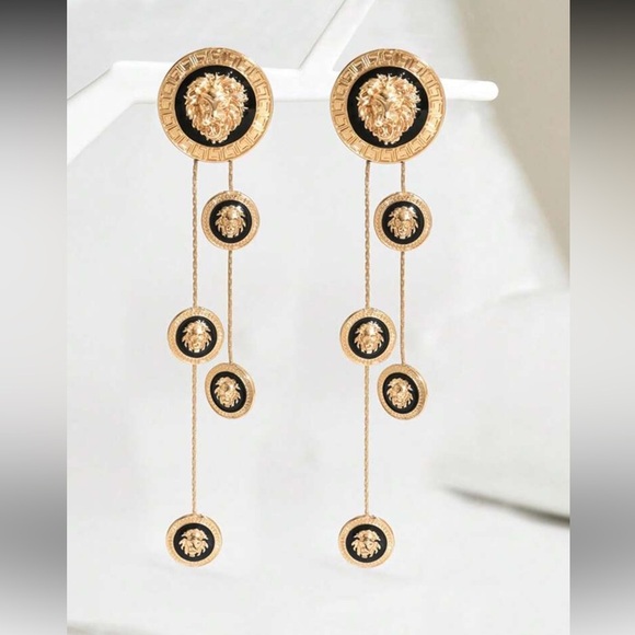 Gold and Black Lion Emblem Drop Earrings - Picture 1 of 7